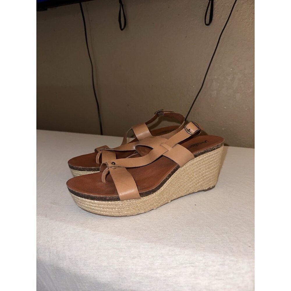 Lucky Brand Wedge Sandals Straw Open Toe Brown Shoes Buckles Boho Shoes Size 9